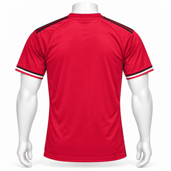 Red Manchester United jersey with black and white accents, back view.