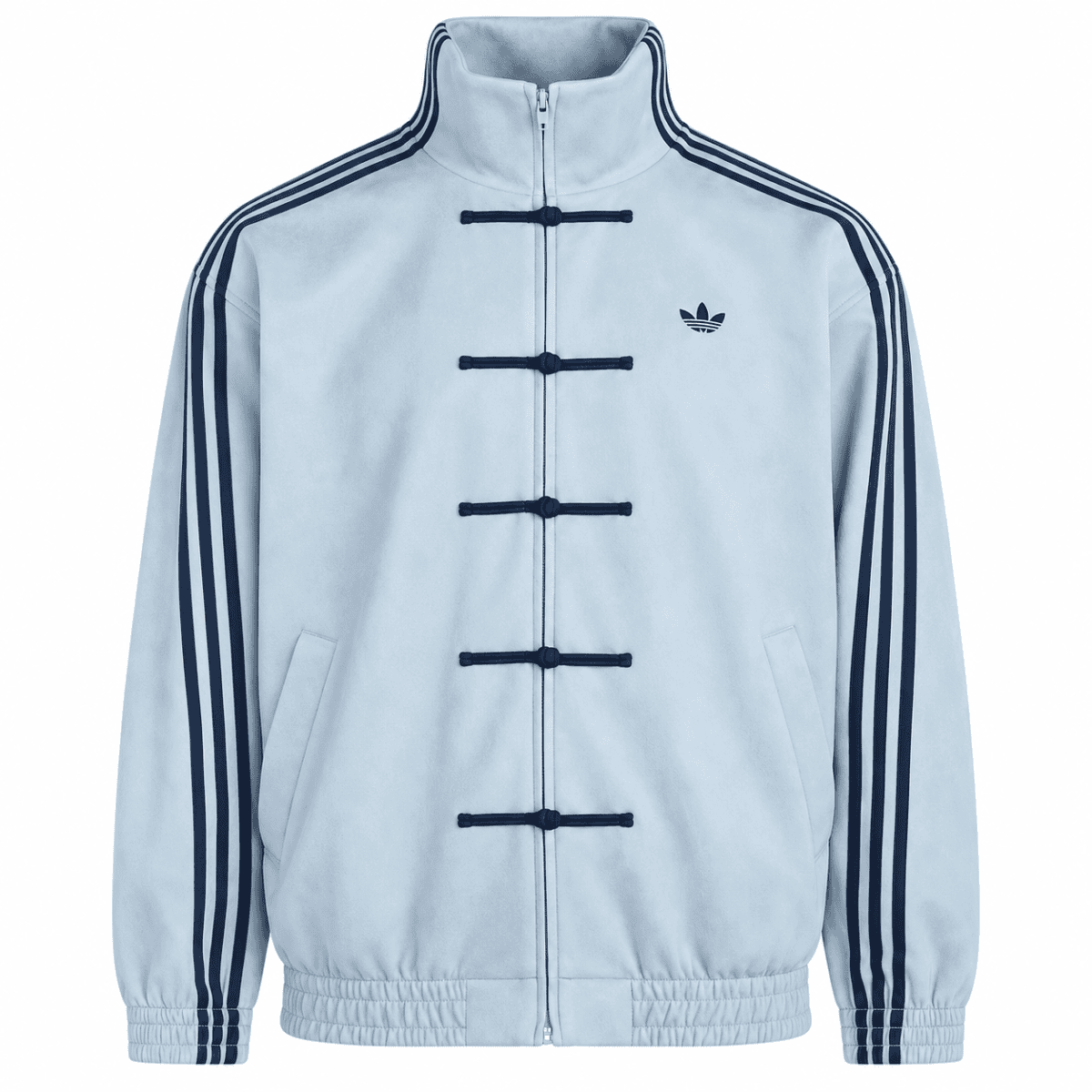 Light grey Adidas casual jacket with blue stripes and trefoil logo.