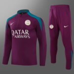 PSG training jersey and pants set in purple with teal panels, sponsor logo Qatar Airways, Nike swoosh, and club crest on chest and thigh.
