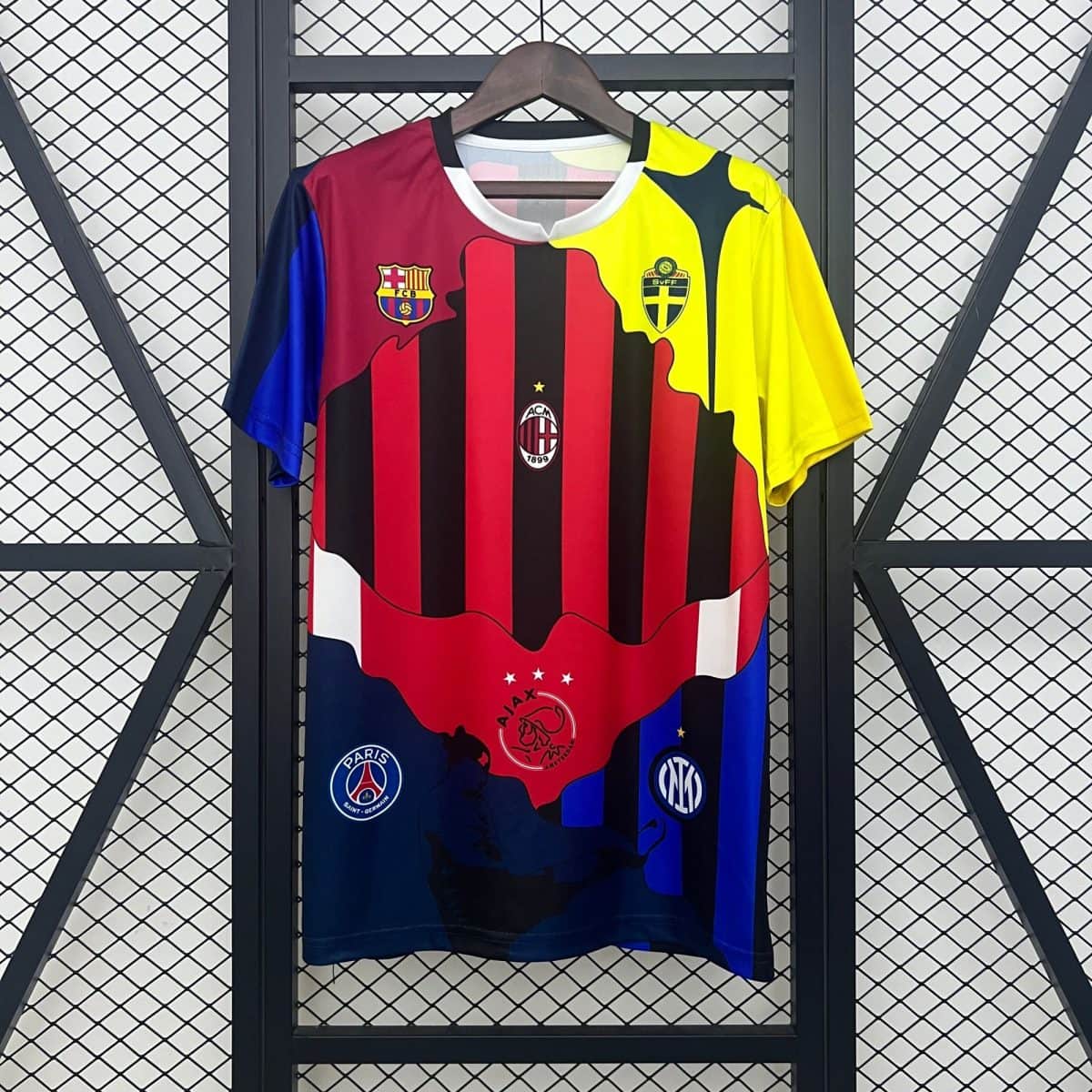 Colorful soccer jersey on a hanger with red and black vertical stripes, blue left sleeve and yellow right sleeve, featuring crests for Barcelona, AC Milan, Paris Saint-Germain, Ajax, and Inter Milan.