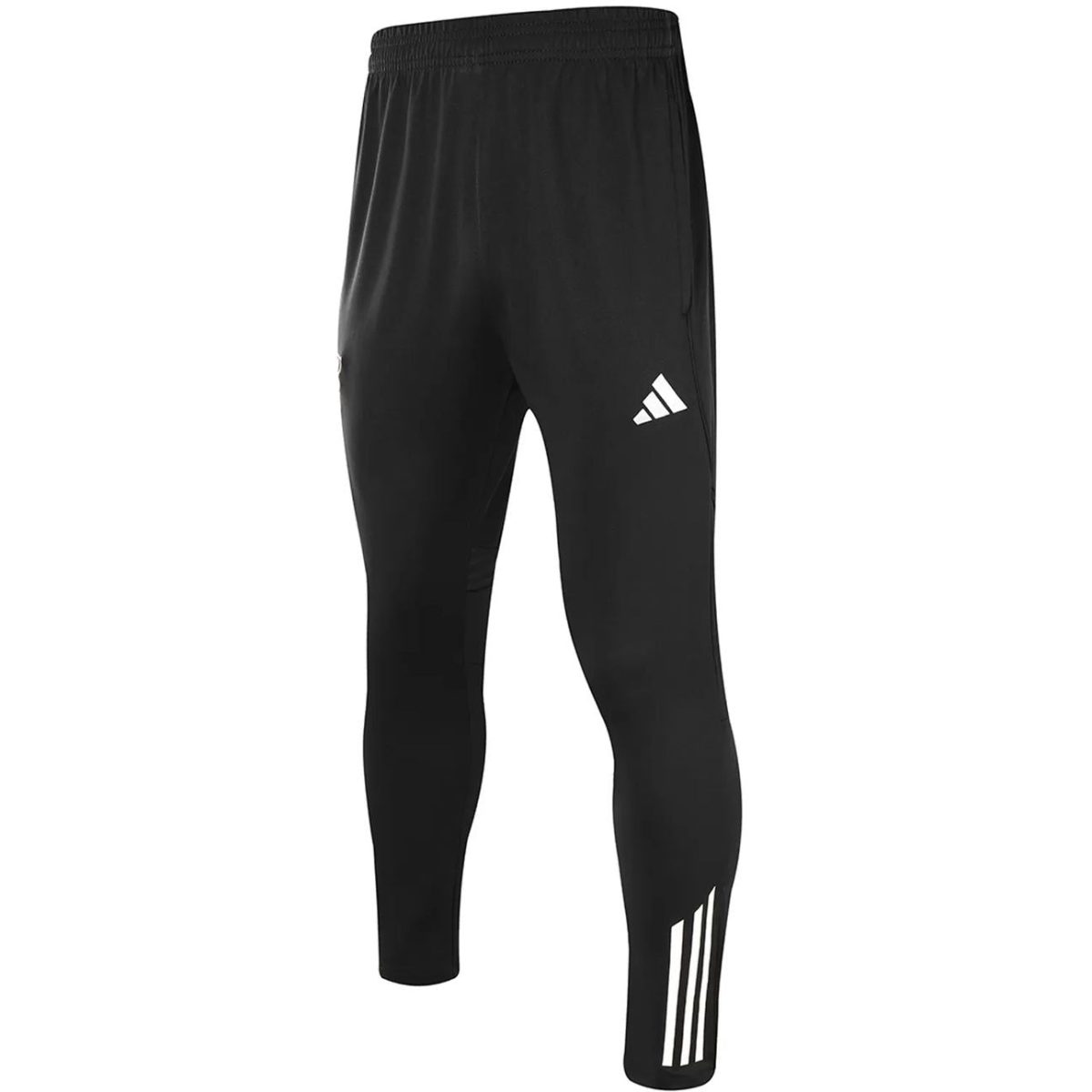 Black Adidas track pants with white logo and three stripes at the lower leg, elastic waistband, full length.