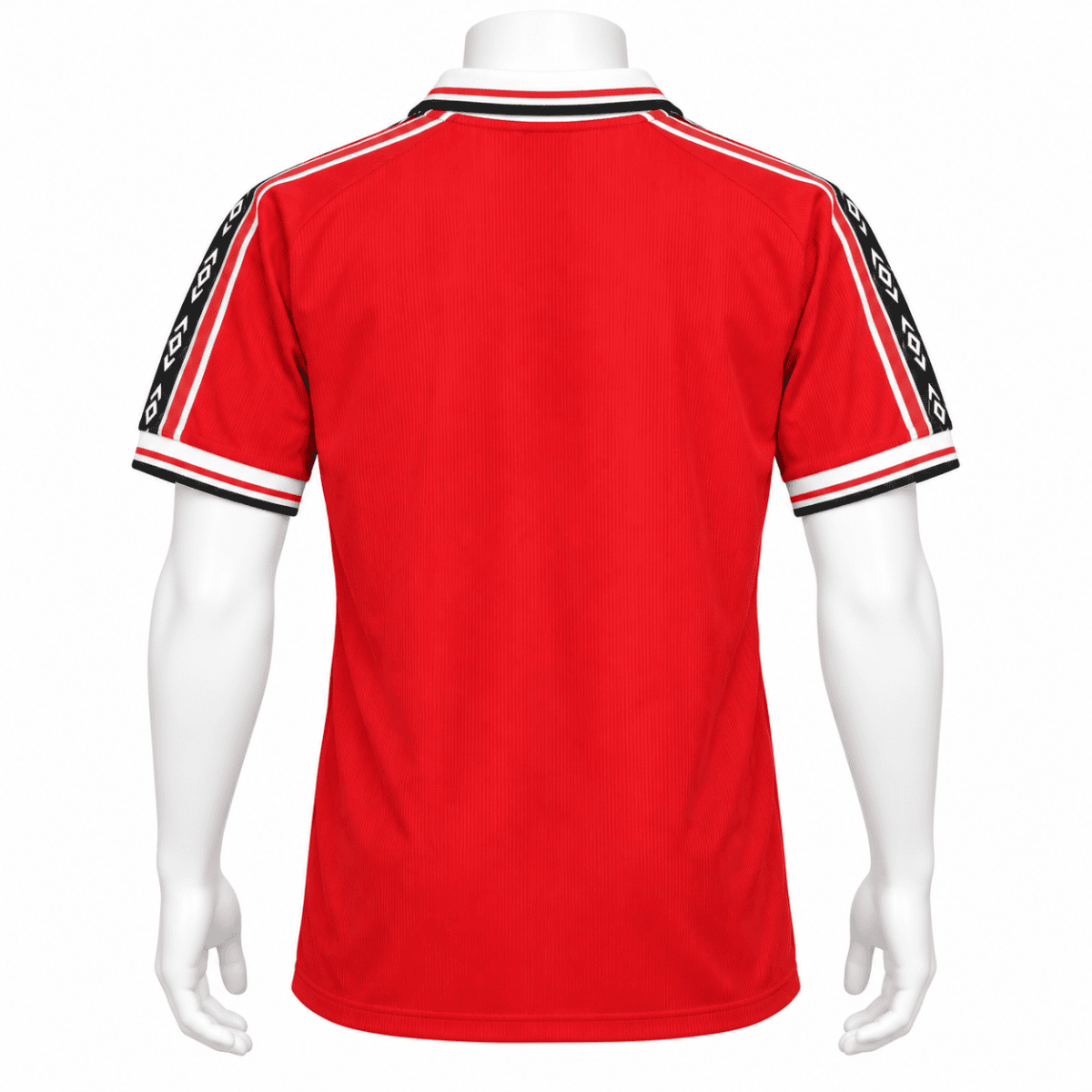 Back view of the red jersey on a white mannequin, showing white-and-black collar and cuff trim and patterned black shoulder strips.