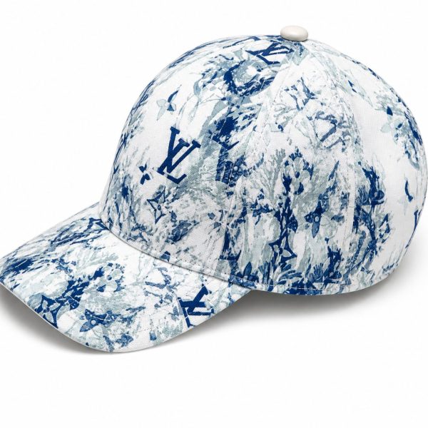 Blue-and-white patterned baseball cap with LV monogram logo print, casual fashion accessory.