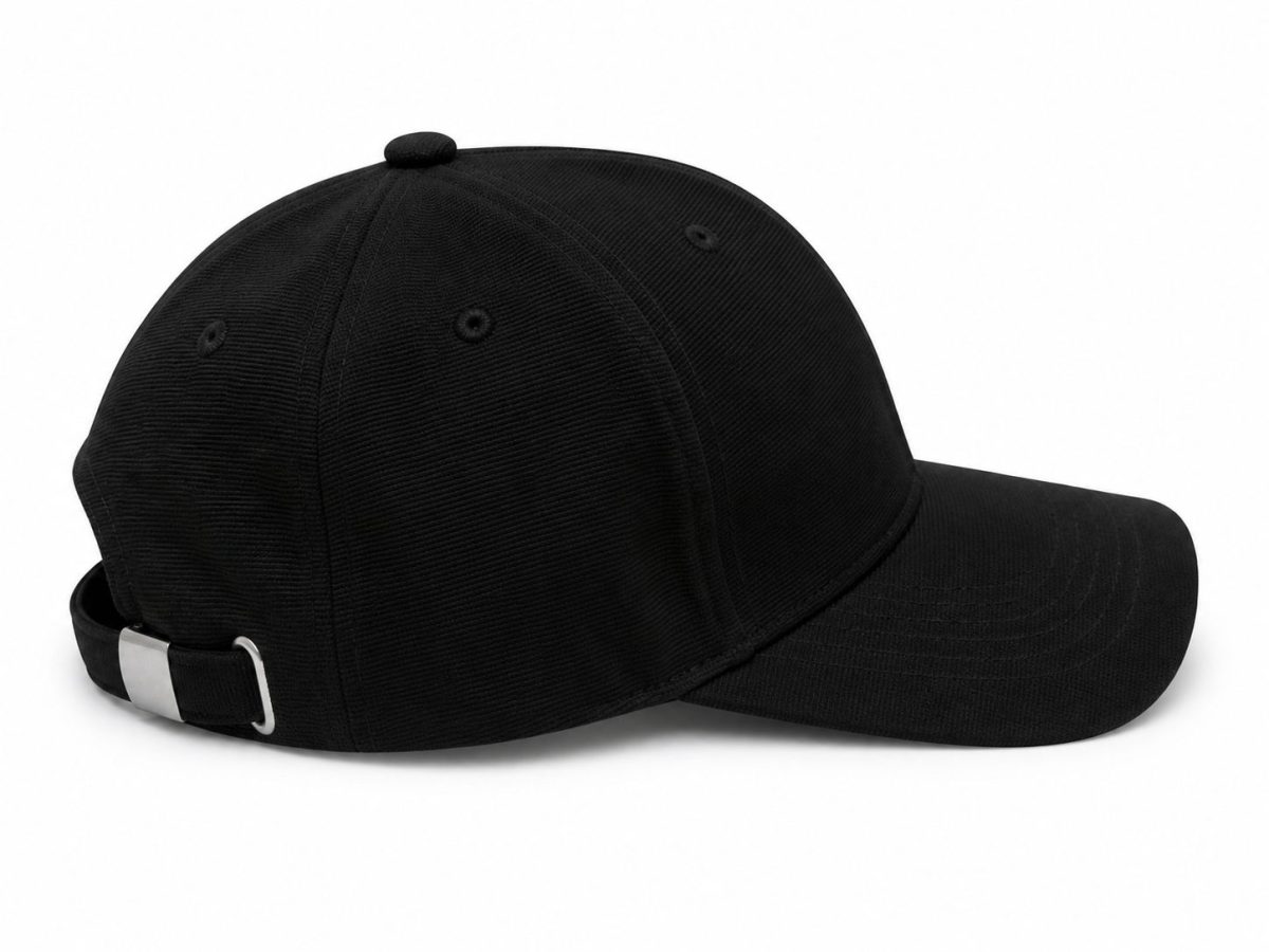 Back view of a plain black baseball cap with an adjustable strap and metal buckle on a white background.