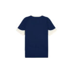 846f1035c8b64a25a9eb955e52c12865 | UAE SPORT STORE Back view of a navy blue T-shirt with white collar and sleeve cuffs.