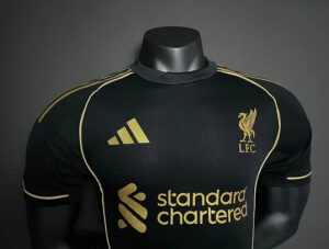 Black Liverpool FC football jersey on a mannequin, gold sponsor logo and crest visible, Adidas logo on chest.
