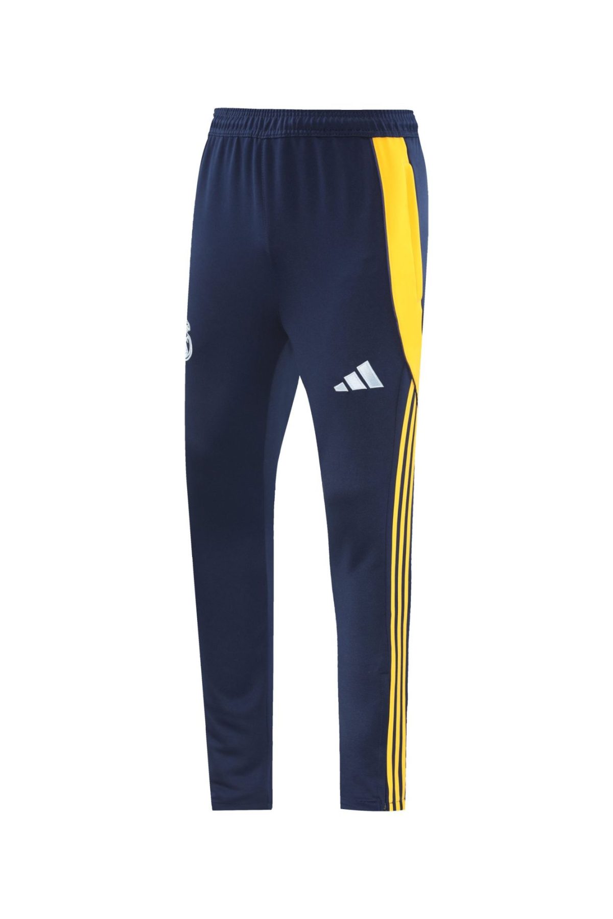 Navy athletic pants with a bright yellow side stripe and Adidas logo on the leg side panel.