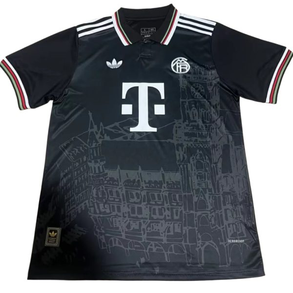 Dark soccer jersey with T-Mobile logo and Adidas stripes, featuring an architectural skyline graphic on the front.