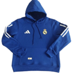 Blue Real Madrid hoodie with hood up, Adidas logo on chest, Real Madrid crest on the left chest, and white sleeve stripes with a front pocket.