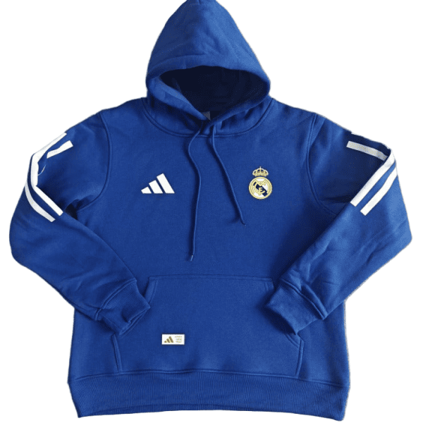 Blue Real Madrid hoodie with hood up, Adidas logo on chest, Real Madrid crest on the left chest, and white sleeve stripes with a front pocket.
