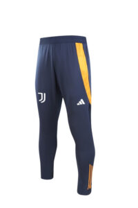 Navy training pants with Juventus logo and orange side stripe, featuring Adidas logo and tapered ankles on a white background.