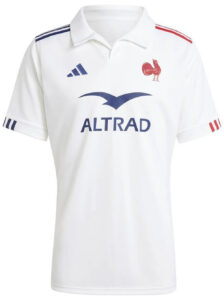 85f906123fe8998586567e180bca2f15 | UAE SPORT STORE White polo rugby shirt with blue shoulder stripes, blue ALTRAD logo, and red rooster crest on chest.