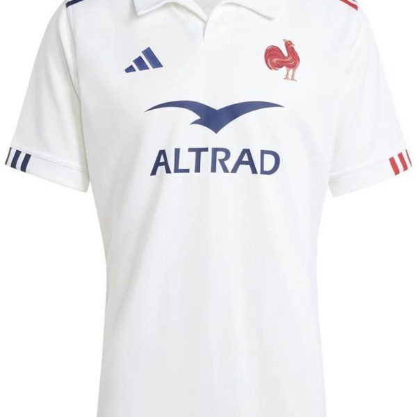 White polo rugby shirt with blue shoulder stripes, blue ALTRAD logo, and red rooster crest on chest.
