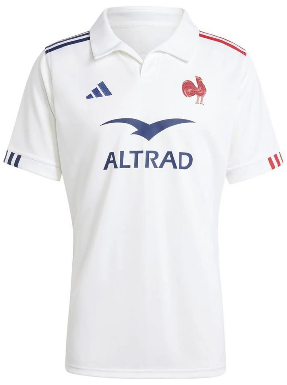 85f906123fe8998586567e180bca2f15 | UAE SPORT STORE White polo rugby shirt with blue shoulder stripes, blue ALTRAD logo, and red rooster crest on chest.