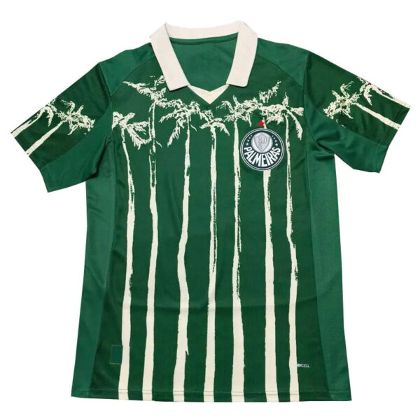 Green Palmeiras soccer jersey featuring white palm tree stripe design and cream collar, team crest on left chest