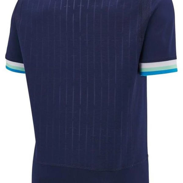 Navy blue polo shirt viewed from the back with a light gray collar and teal-accented sleeve bands