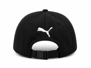 Back view of a black baseball cap with an adjustable strap and a white embroidered Puma logo on the back panel.
