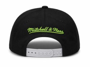 Bright neon green "Mitchell & Ness" logo on black snapback hat.