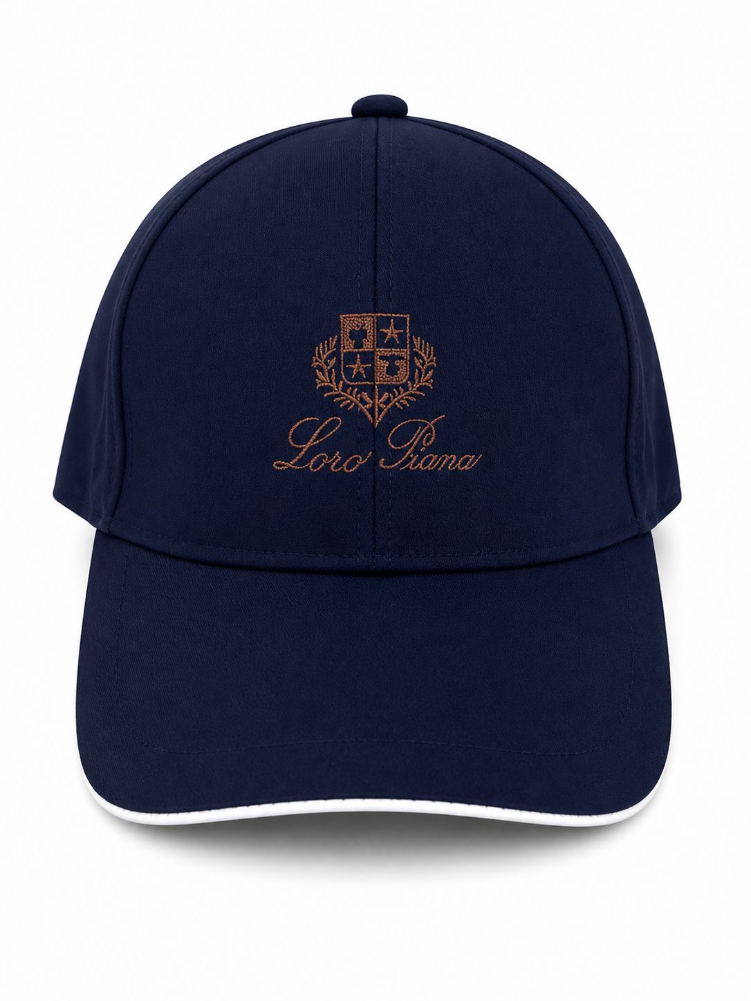 87495232-5f43-4433-bc9c-7d3a95a4ba5d | UAE SPORT STORE Navy baseball cap with brown embroidered crest and 'Loro Piana' script on the front.