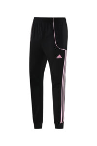 877620b2 | UAE SPORT STORE Black Adidas track pants with pink piping and stripes along the sides, pink logo on thigh, cuffed ankles.