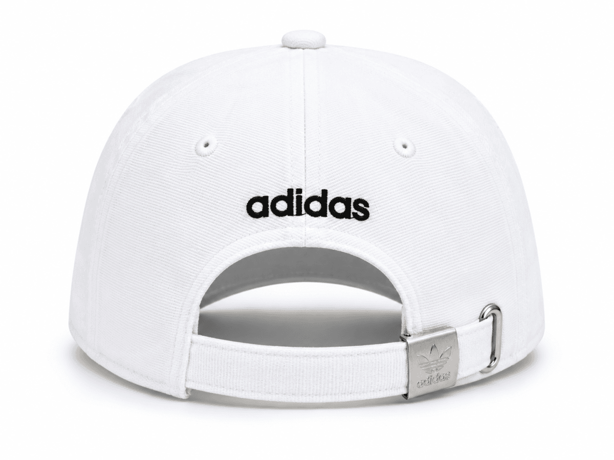 White Adidas baseball cap seen from the back, showing the adjustable strap with metal clasp and black Adidas logo above the opening.