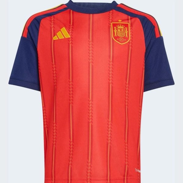Red Spain national team soccer jersey with blue sleeves and yellow Adidas logo