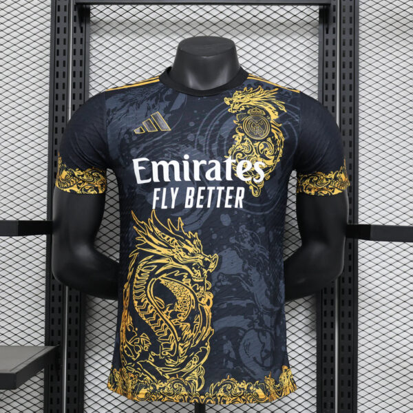 Real Madrid soccer jersey on a mannequin with gold dragon patterns and the Emirates Fly Better sponsor text.