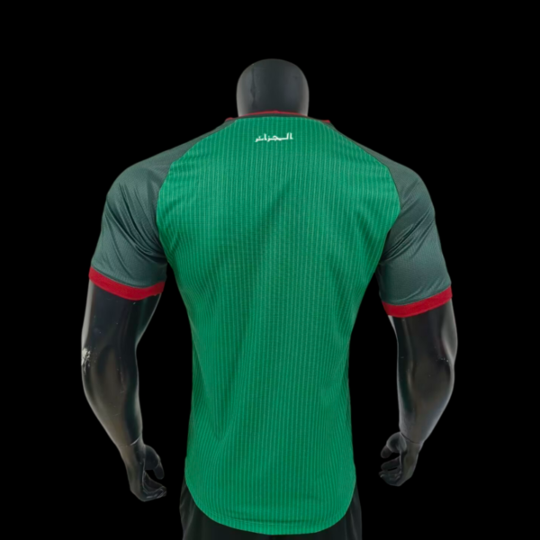 Back view of a green sports jersey with dark gray sleeves and red cuffs on a mannequin, Arabic text on the neckline area.