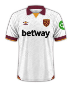 West Ham United white away jersey with maroon collar and cuffs, featuring Betway sponsor and club crest on the chest, Umbro logo, and a green sleeve patch.