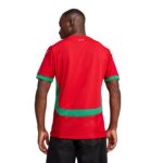 Back view of a man in a red athletic jersey with green cuffs and waistband, white background.