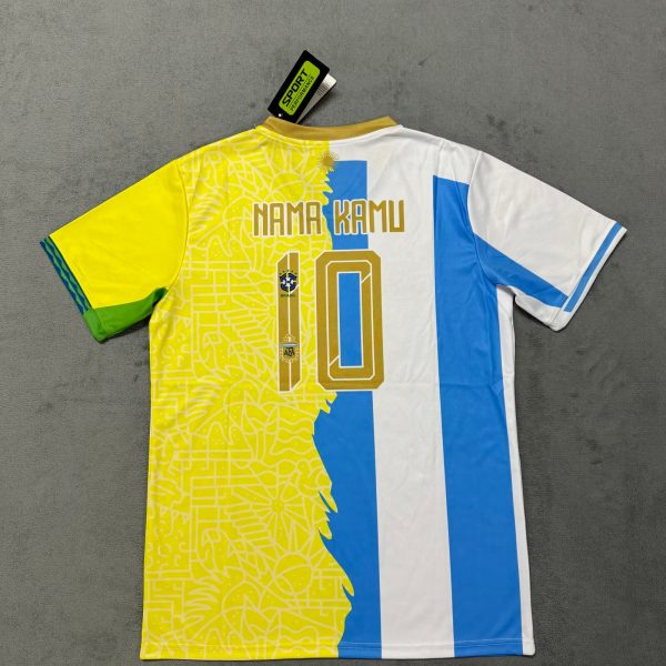 Colorful soccer jersey laid flat with yellow patterned left panel, blue vertical stripe, and the number 10; tag reads SPORT PERFORMANCE near the collar edge.