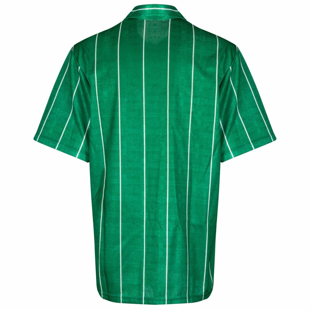 Back view of a green robe with white vertical stripes.