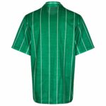 Back view of a green robe with white vertical stripes.