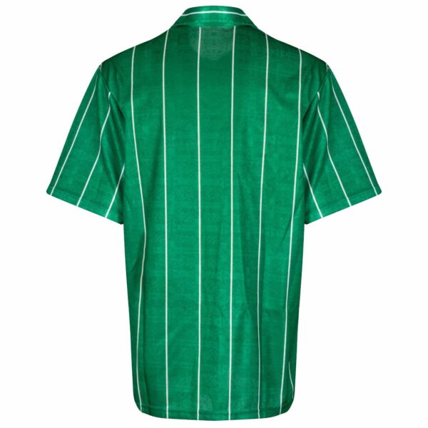 Back view of a green robe with white vertical stripes.