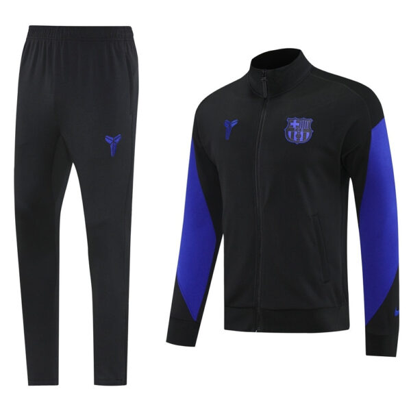 Black FC Barcelona training tracksuit: zipped jacket with blue sleeves and crest, paired with matching black pants.