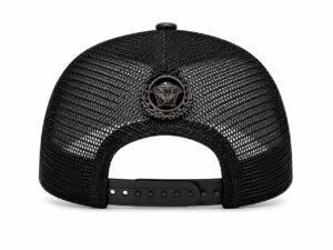 Black mesh trucker cap shown from the back with an adjustable strap and a round black emblem featuring a Medusa head at the center.
