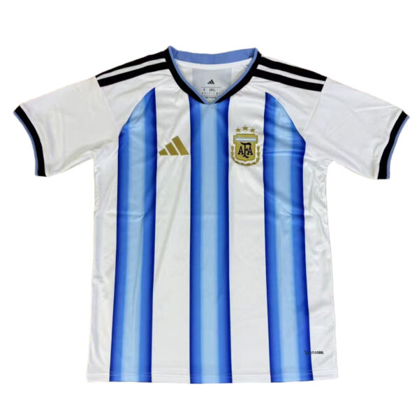 Argentina national football jersey with white and light blue vertical stripes, gold Adidas logo, and crest on the chest.