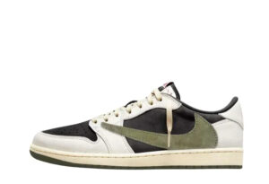 White, black, and olive low-top sneaker with a green swoosh and cream midsole, in a side view.