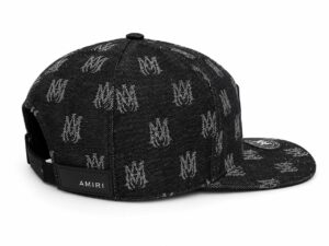 Black denim snapback hat with white AMIRI logo pattern all over and an adjustable strap at the back