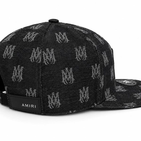 Black denim snapback hat with white AMIRI logo pattern all over and an adjustable strap at the back