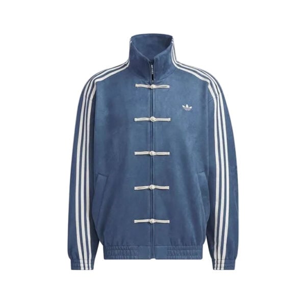 Blue track jacket with white toggle fastenings, white stripes along the sleeves, and a small Adidas logo on the chest