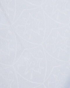 Close-up of pale blue fabric texture with a subtle leaf pattern behind the weave