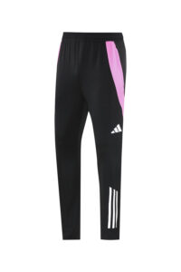 Black Adidas track pants with elastic waistband, pink side panels, and white logo and stripes on the lower leg, shown from the back/right side.