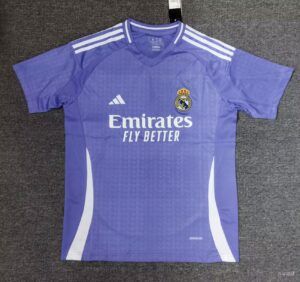 Blue Real Madrid soccer jersey with white sponsor text 'Emirates Fly Better' and crest on the chest.