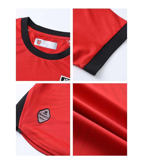Collage of red sports jersey details: black collar, black sleeve trim, badge patch, and textured fabric.