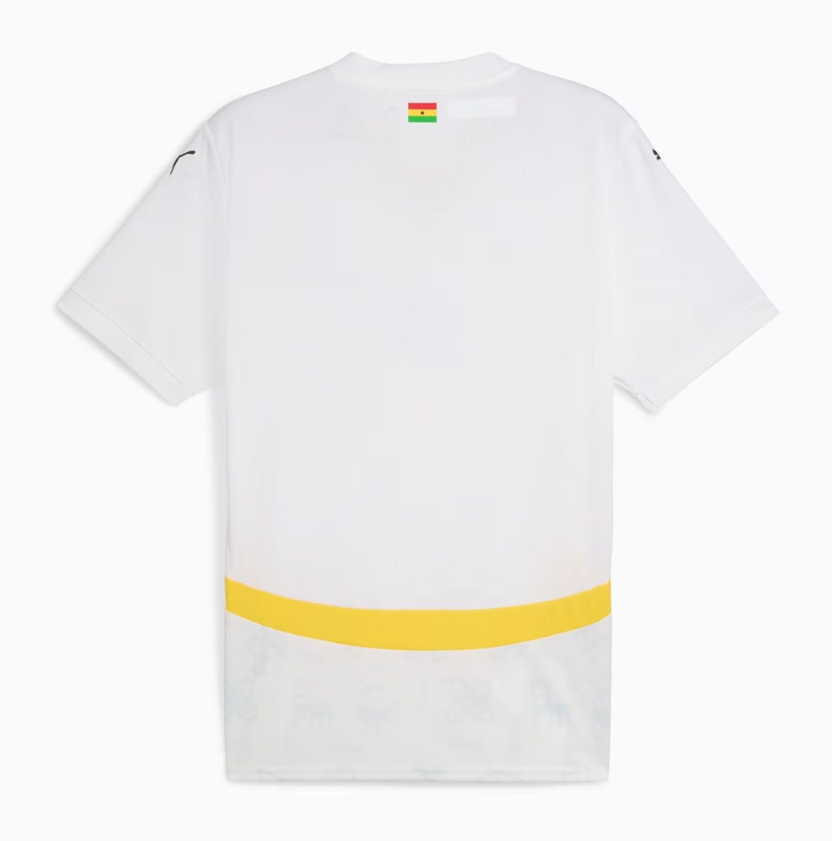 Back view of a white T-shirt with a small Ghana flag patch at the upper back and a yellow stripe around the lower hem.