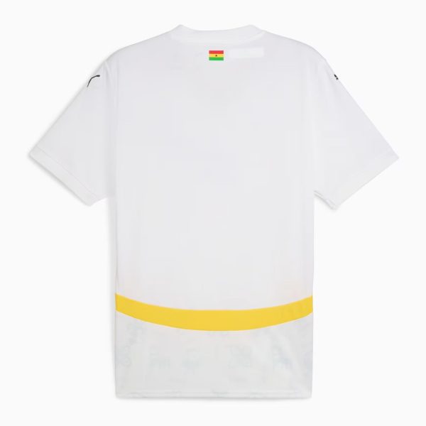 Back view of a white T-shirt with a small Ghana flag patch at the upper back and a yellow stripe around the lower hem.