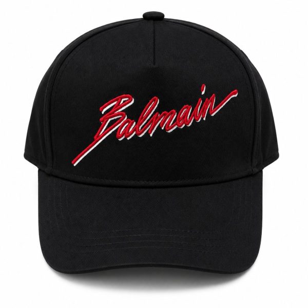 Black baseball cap with red Balmain script embroidery on the front panel