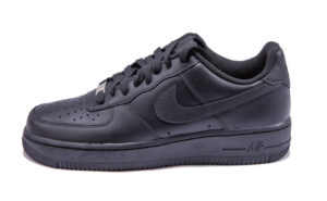 Side view of a black Nike Air Force 1 sneaker with leather upper, perforated toe, and thick sole