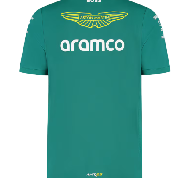 Green polo shirt from the Aston Martin Aramco F1 team, back view, with yellow winged logo and prominent 'aramco' sponsorship text.